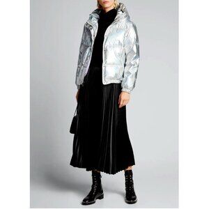 Alice + Olivia Metallic Gunmetal Goose Down Hooded Puffer Jacket - Like New!